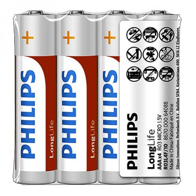 BATERIA PHILIPS AAA LR03 LONGLIFE BLISTER 4SZT BATERIE POWER ALKALINE Phil-R03L4F10 Signify