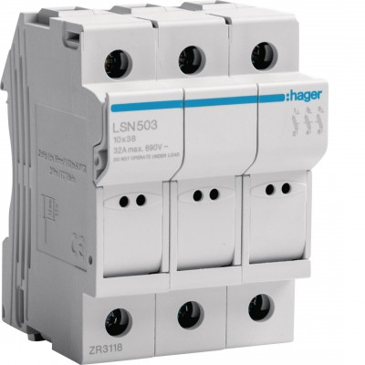 Modułowa podstawa bezpiecznikowa 32A 690V AC 3P /10x38mm/ HAGER