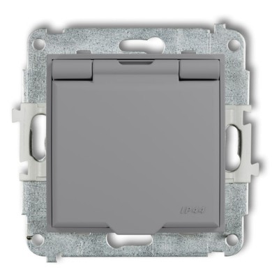 Karlik MINI 27MGPB-1zp Mechanizm gniazda bryzgoszczelnego z uziemieniem 2P+Z (klapka szary mat, przesłony torów prądowych) Szary Mat