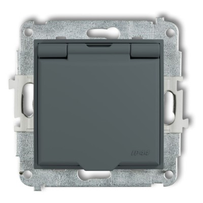 Karlik ICON 28IGPB-1zp Mechanizm gniazda bryzgoszczelnego z uziemieniem 2P+Z (klapka grafitowy mat, przesłony torów prądowych) Grafitowy Mat