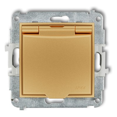 Karlik MINI 29MGPB-1zp Mechanizm gniazda bryzgoszczelnego z uziemieniem 2P+Z (klapka złota, przesłony torów prądowych) Złoty