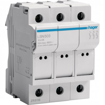 HAGER Modułowa podstawa bezpiecznikowa 32A 690V AC 3P /10x38mm/