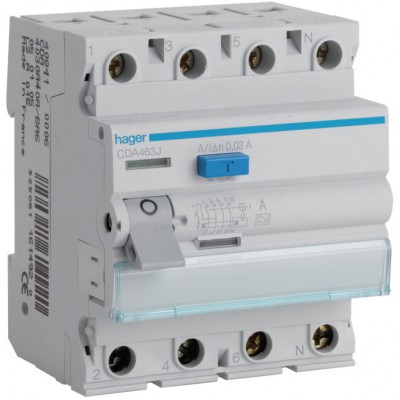 HAGER CDA463J Wyłącznik różnicowoprądowy 63A 30mA 6kA 3P+N RCCB /Typ A/