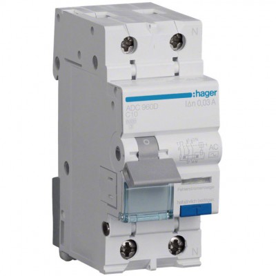 HAGER Wyłącznik różnicowoprądowy z członem nadprądowym C 10A 6kA 30mA 1P+N RCBO /Typ AC/
