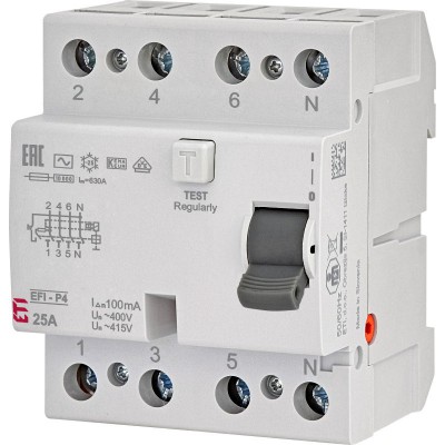 ETI 002061621 Wyłącznik różnicowoprądowy EFI-P4 A 25/0.1 25A 0,1A 100mA 10kA 4P /Typ A/