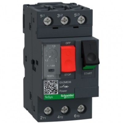 SCHNEIDER GV2ME06AP Wyłącznik silnikowy z napędem przyciskowym I=1,0-1,6A 0,12-0,18kW 400V 3P PL zacisk skrzynkowe