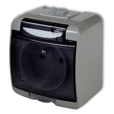 10GHE-1dp Gniazdo pojedyncze z uziemieniem 2P+Z (klapka dymna, przesłony torów prądowych) Popielaty