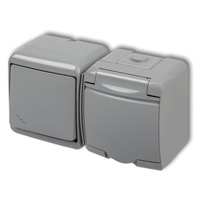 10WGHH-3 Łącznik schodowy z gniazdem pojedynczym z uziemieniem 2P+Z (klapka popielata, bez przesłon) Popielaty