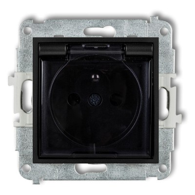 Mechanizm gniazda bryzgoszczelnego z uziemieniem 2P+Z (klapka dymna, przesłony torów prądowych) Czarny Mat Karlik ICON - 12IGPB-1zdp