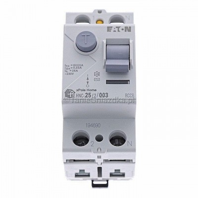 Wyłącznik różnicowoprądowy HNC-252003 25A 0,03A 30mA 6kA 2P Typ AC 194690 Eaton